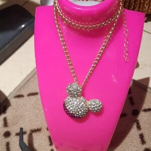 Elegant Gold BLINGED OUT MICKEY MOUSE Crystal Pendant Necklace 16"+3" Extender